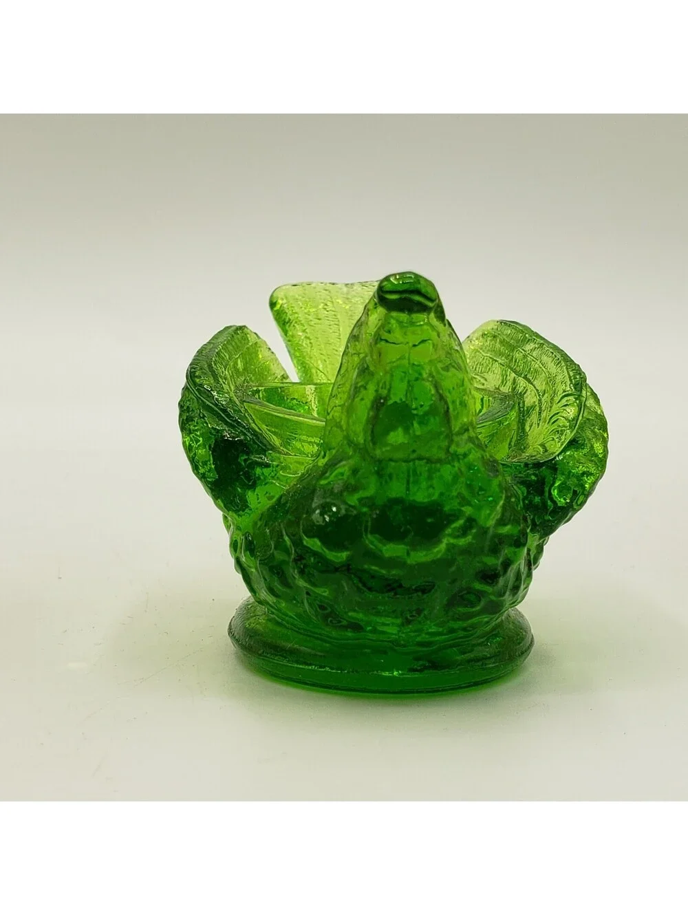 Vintge Kanawha Glass Salt Cellar Glows Green Bird with Berry in Mouth